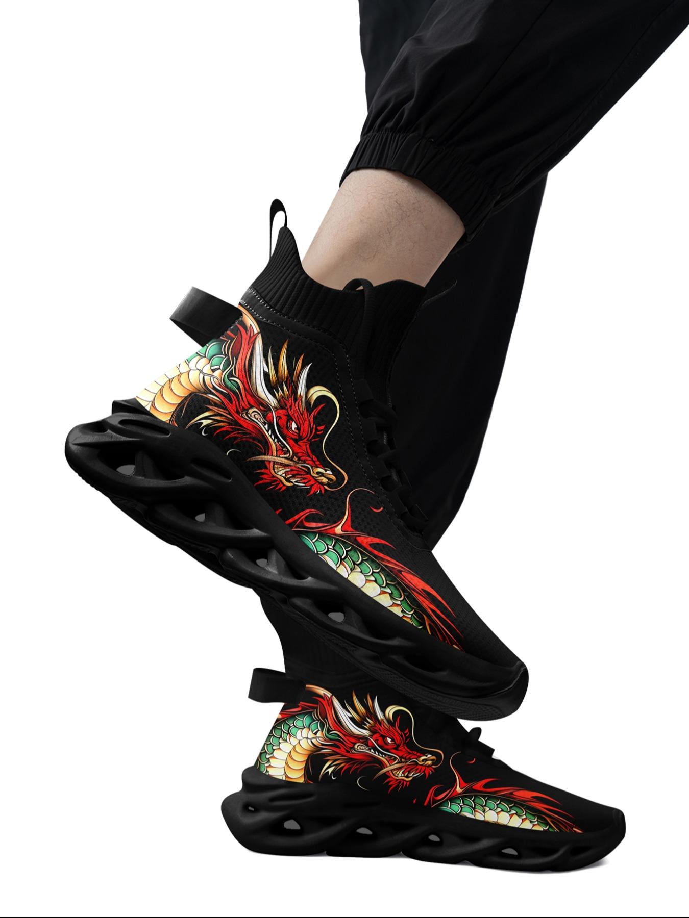 Men's Dragon Print Lace Up High Top Sneakers, Casual Sporty Breathable Comfortable Blade Soles Running Shoes, Male  Round Toe Sports Shoes for Daily Wear