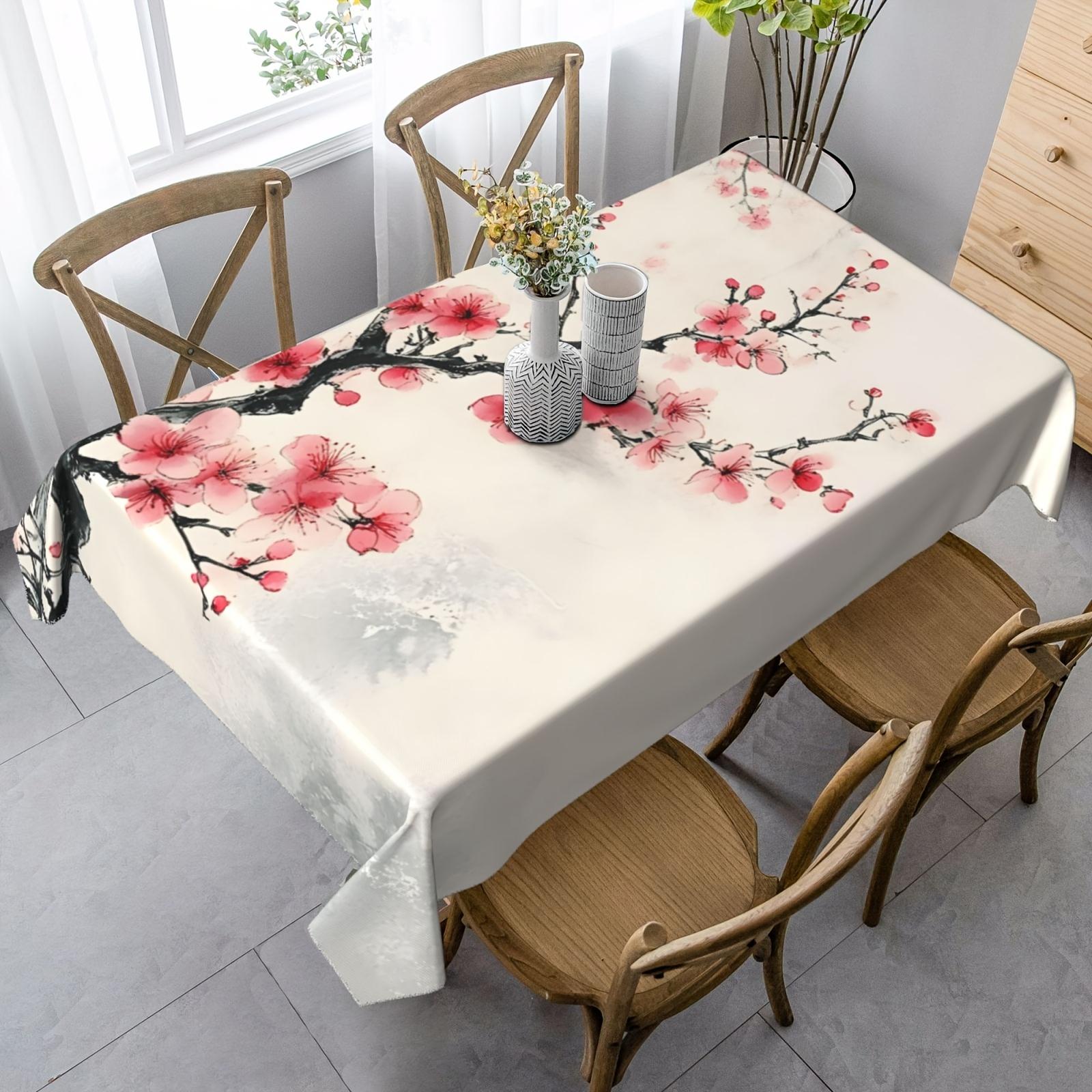 Rectangular polyester tablecloth adorned with geometric cherry blossom patterns - of excellent quality, heat-resistant and wear-resistant, suitable for various occasions such as dining tables, parties, restaurants, coffee tables, etc
