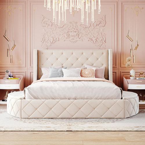 【Bellemave】Upholstered Platform Bed Queen Size Storage Velvet Bed with Wingback Headboard and 1 Big Drawer,2 Side Storage Stool(Beige)