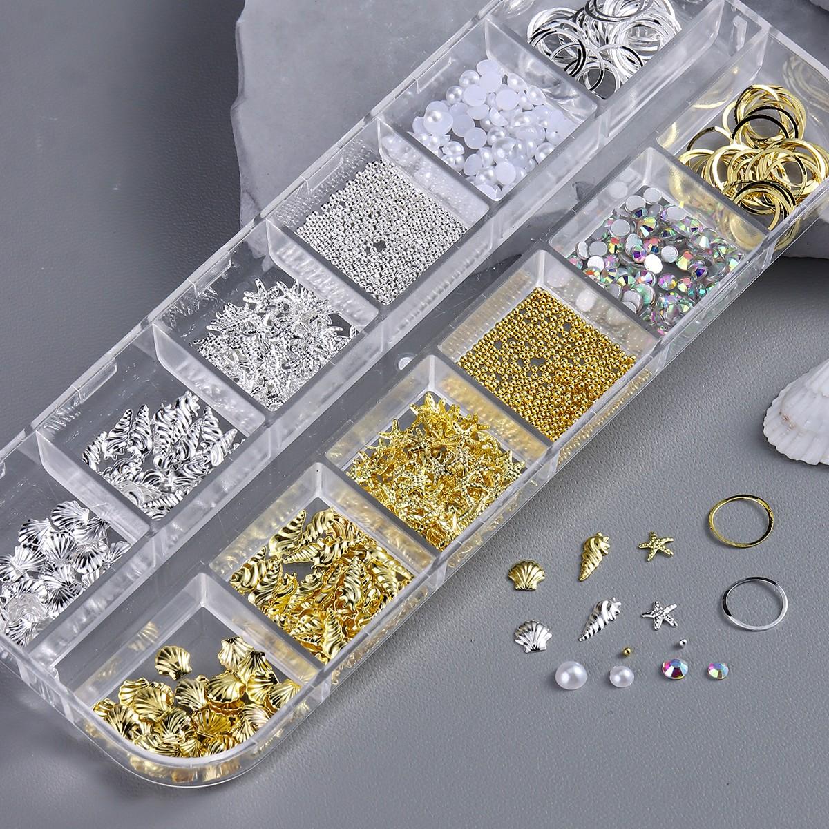 Summer Beach Style Nail Art Accessories, 3D Metal Rivets, Starfish, Shell, Seashell Shapes, Pearl, Caviar Beads, DIY Nail Decoration