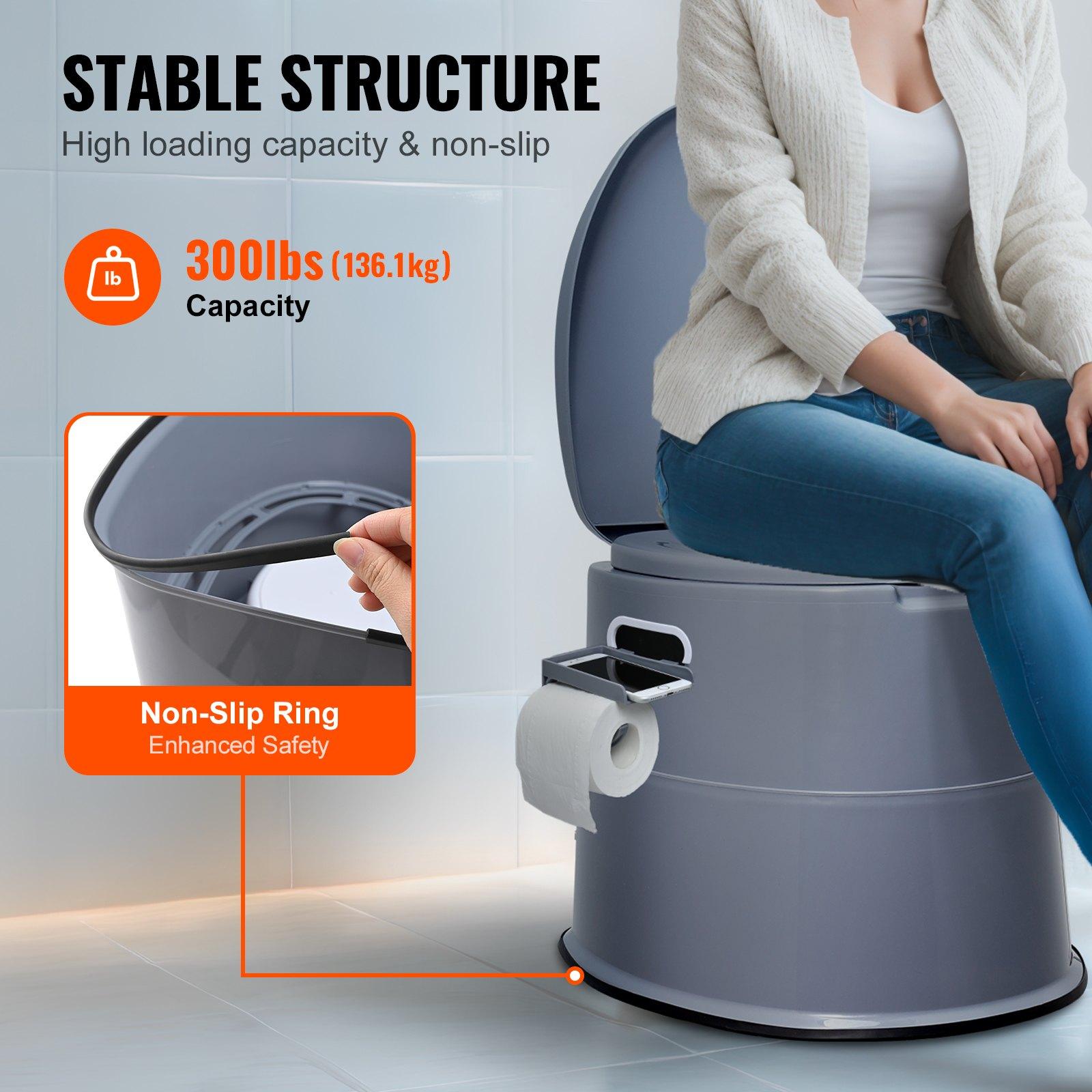 VEVOR Polypropylene (PP Plastic) Portable Camping Toilet, 300 lbs Capacity Porta Potty with 1.3 Gal Detachable Inner Bucket, Removable Washable Paper Holder, Non-Slip Commode, Double Cover, Side Handles, Odorless for Adults/Kids, Camping/Travel