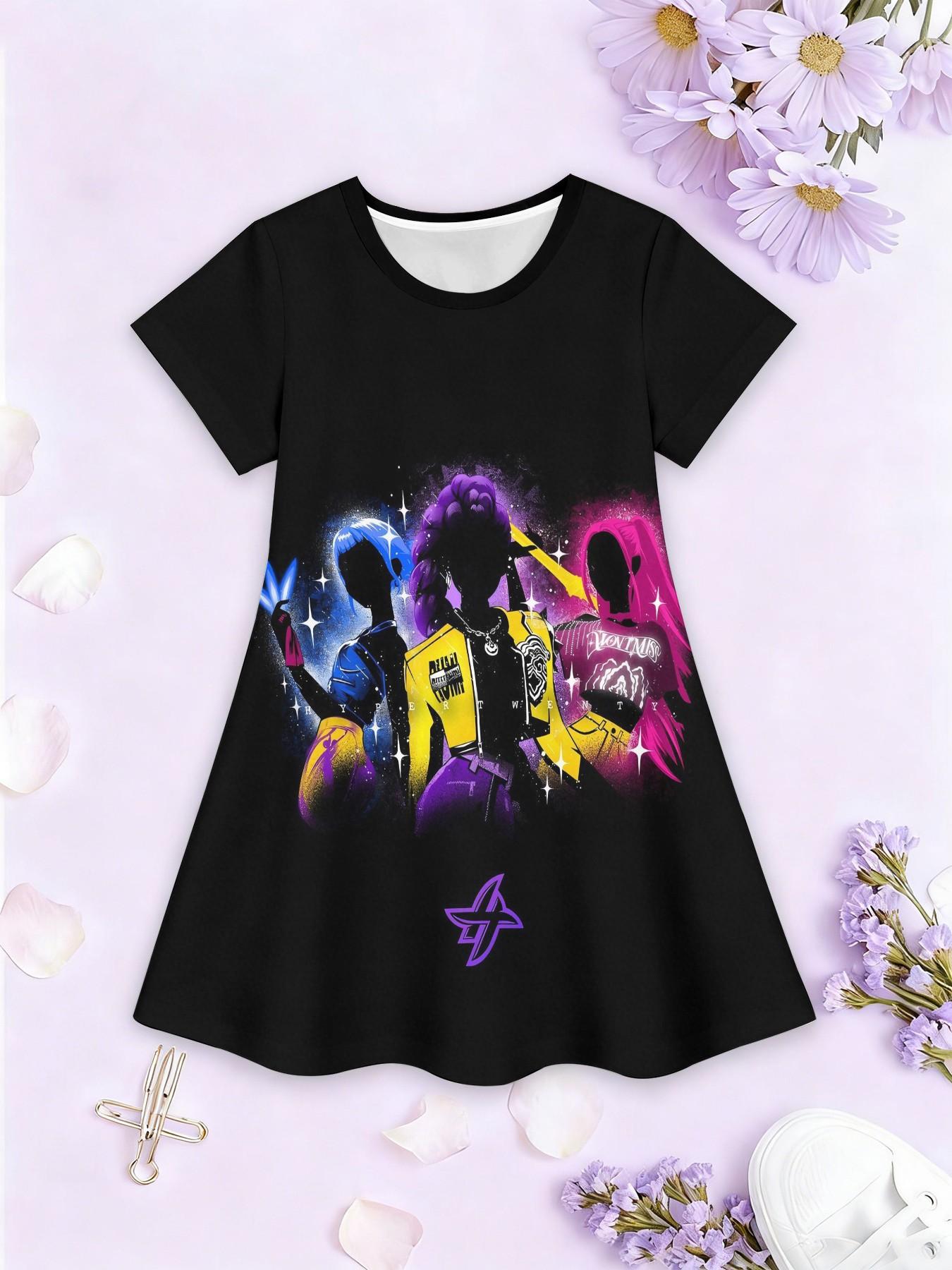 Trendy Girls' Dark Starry Print A-Line Dress, Cool Group Style Short Sleeve Dress, Fashion Outdoor Wear, Birthday & Holiday Gift