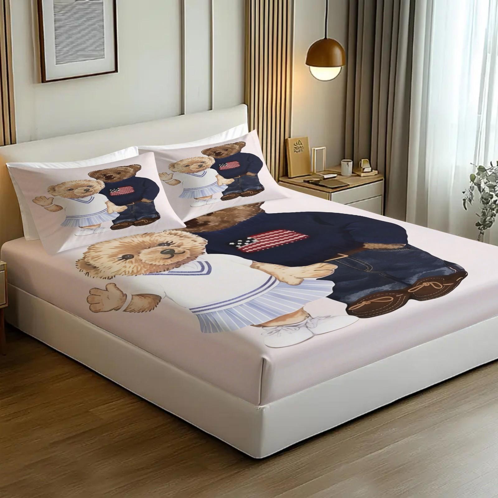 Teddy Bear Flower Pattern Bed Sheet, Comfortable Printed Pattern, Includes 1 Bed Sheet and 2 Pillowcases, Comfortable Bedding, Non slip Dust Cover Suitable for Bedroom and Guest Room, Suitable for Adult Gifts