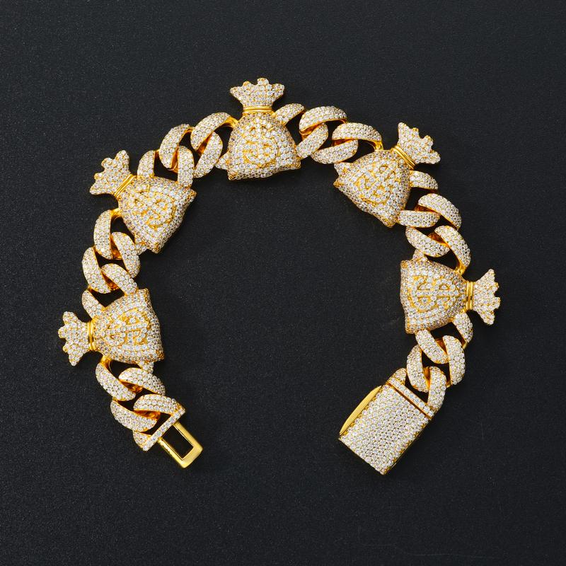 【#B315】Money Bag Charm Iced Out Cuban Link Bracelet UCCIYO Sparkling Synthetic Moissanite Chain Bracelet S925 Sterling Silver
