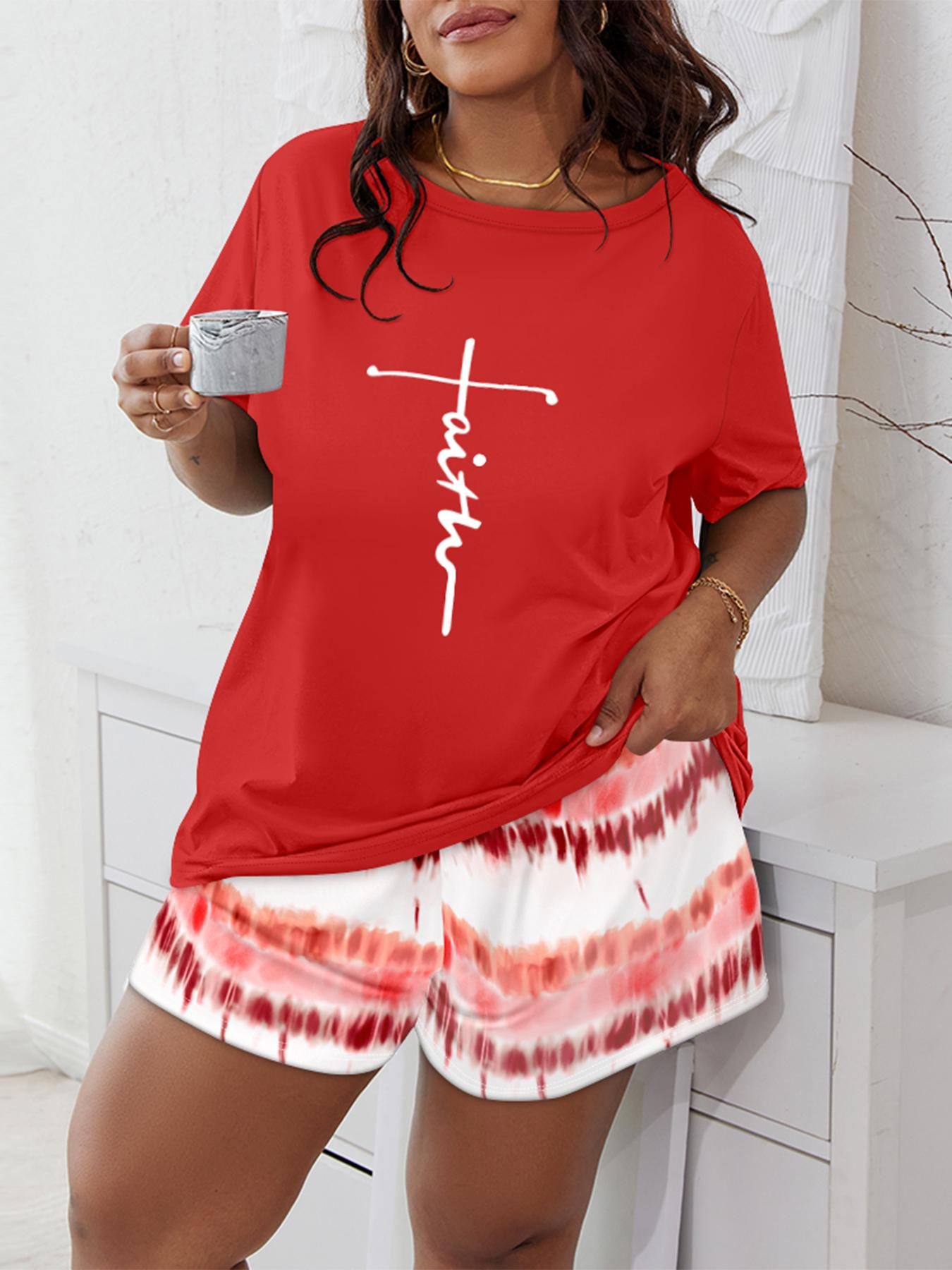 Plus Size Fashion Women's Round Neck Printed Short Sleeve Top + Pants Casual Set, Stylish Summer for Ladies