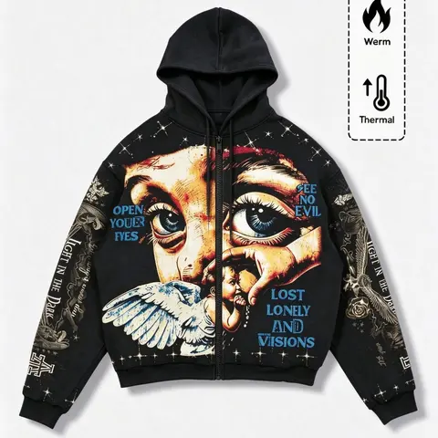American Vintage High Street Angel Eye Print Zipper Hoodie, Men's Loose-Fit Unlined Casual Jacket, Subculture Style Outerwear