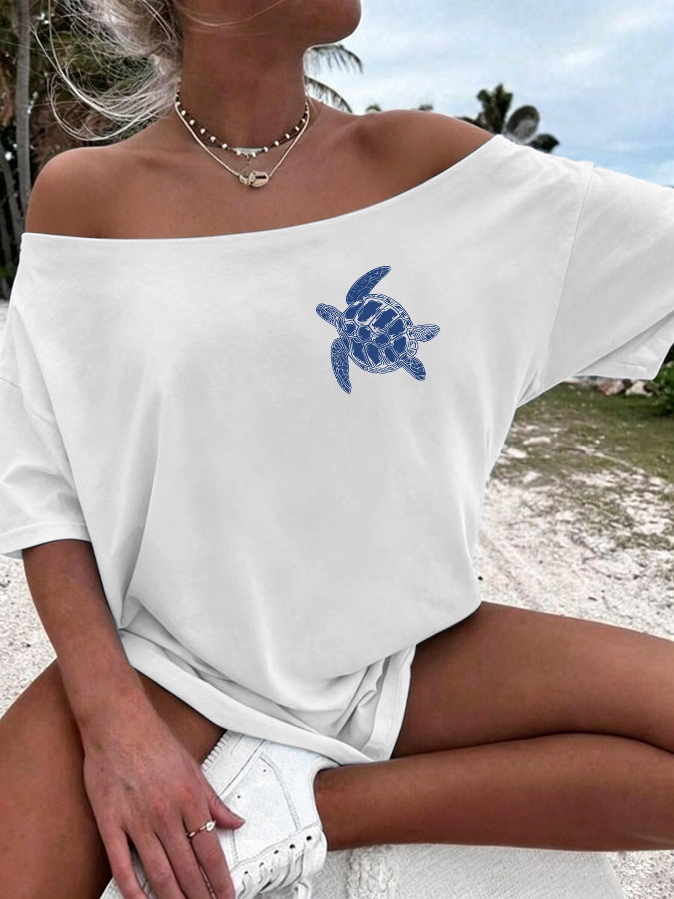 Women's Oceanic Turtle Print Off-Shoulder Loose Summer T-Shirt, Casual Fashion Loose, Casual Short Sleeve Bohemian Beach Top, Boho Casual Wear