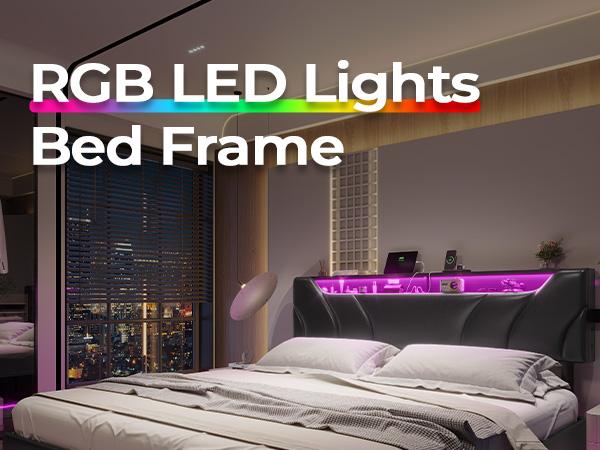 Hasuit California King Floating Led Bed Frame with Hidden Storage Headboard and Charging Station Cal King Size Visual Floating Platform Bed with Led Lights,No Box Spring Needed