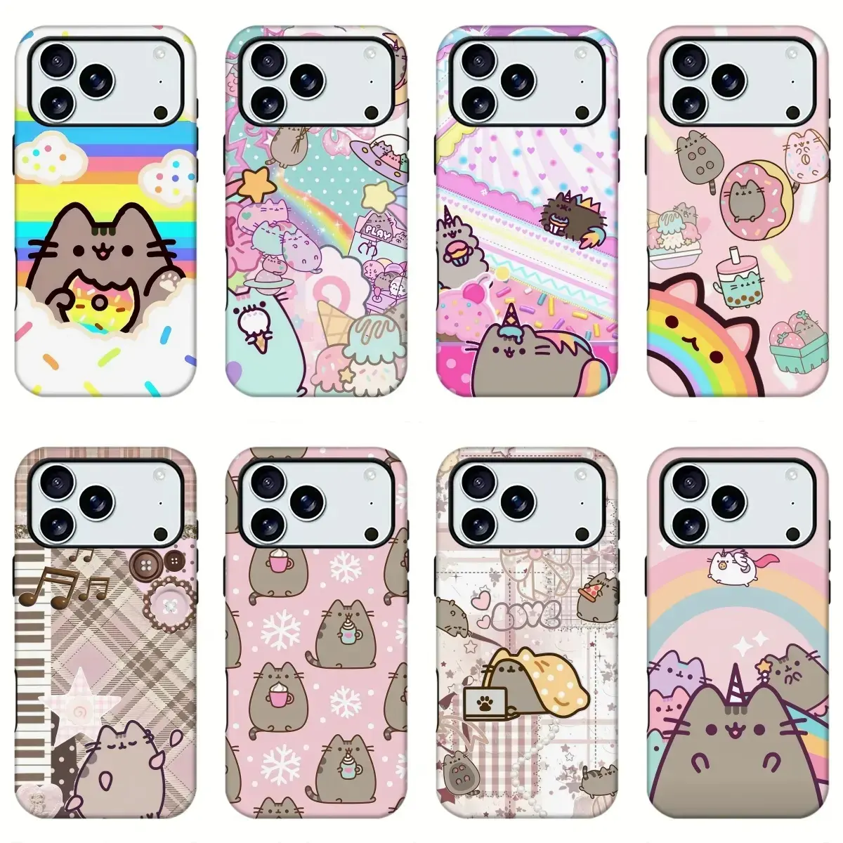 Pusheen Cute Fat Cat Cartoon Print Phone Case, Rainbow Donut Sweet Dessert Pastel Kawaii‑Style Shockproof Trendy Protective Mobile Phone Shell for iPhone 11 12 13 14 15 16 17 18Pro Max & Samsung S21‑S26, Perfect for Her and Him, Girly Phone Gift