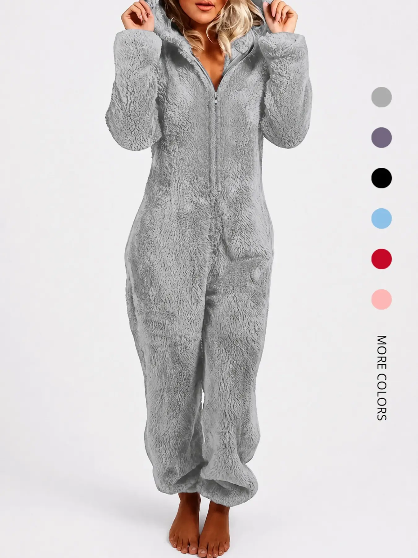 Women's Solid Zipper Hooded Plush Pajama Jumpsuit, Casual Long Sleeve Teddy Bear Ear Design Jumpsuit for Fall & Winter, Women's Sleepwear for Indoor Wear, Fluffy Lady Pajamas, Loungewear Nightwear, Homewear, Pjs, Pajama Onesies