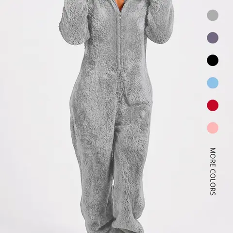 【Black Friday】Women's Solid-Color Hooded Plush Pajama Jumpsuit with Front Zipper, Long-Sleeve Onesie with Teddy Bear Ears for Fall and Winter, Fluffy Indoor Loungewear