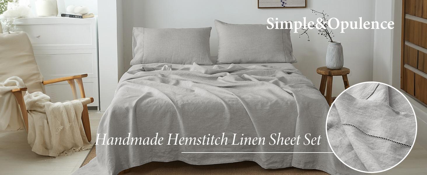 Simple&Opulence 100% French Linen Sheet Set Handmade Hemstitch-Natural Flax Farmhouse Bed Sheets( Flat Sheet, Fitted Sheet, Pillowcase)-Solid Color Soft Breathable Bedding