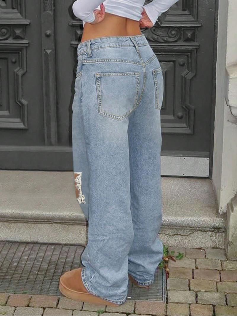 Women's Trendy Fashion Denim Ripped Design New Straight Leg Wide Leg Elastic Comfortable Elegant Long Pants, All Seasons
