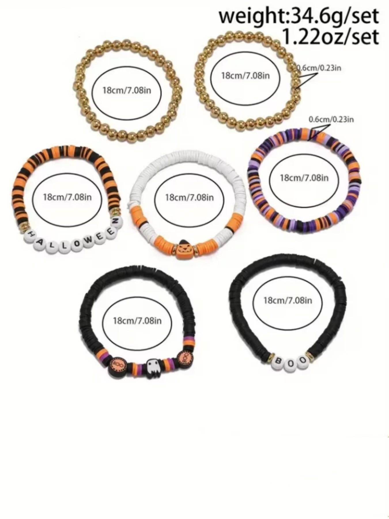 7pcs Halloween Themed Party Bracelets, Cool & Spicy Vintage Pumpkin Head Design, Polymer Clay Beaded Jewelry Set, Fashion Bracelet Sets, Perfect for Festive Events