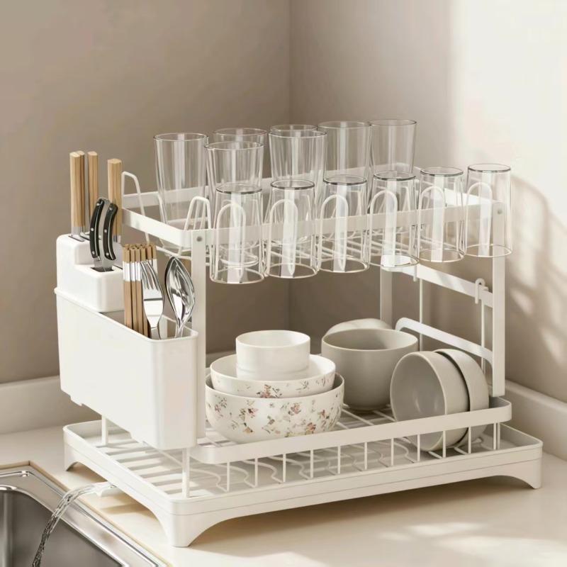 Double drain rack, kitchen countertop dish rack, kitchen accessories with drain tray and cutlery rack