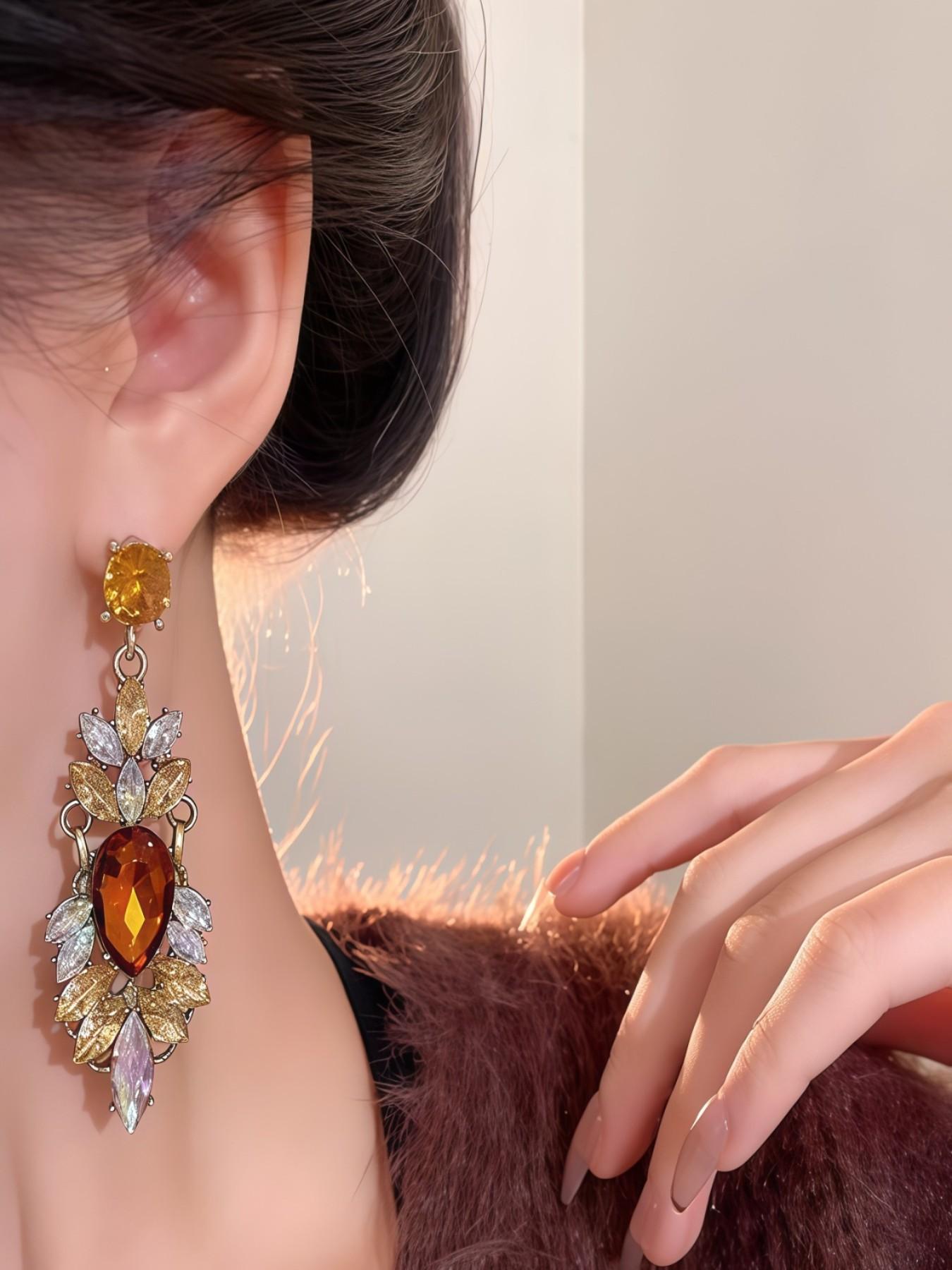 Women's Shiny Rhinestone Drop Earrings, Colorful Champagne Rhinestone Statement Earrings, Formal Ball Jewelry Gift