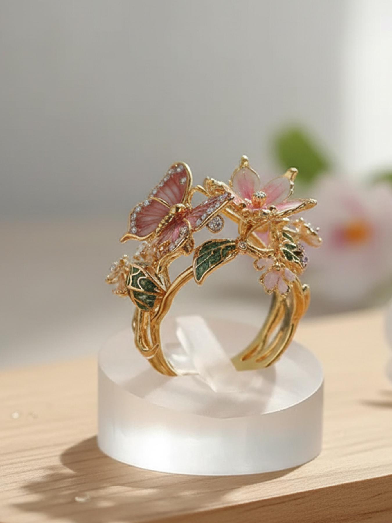 Mother's Day Gift Butterfly Flower Oil Drop Ring for Women, Statement Ring, Elegant Casual Ring, Leaf Accents, Floral Design, Daily Fashion Accessory, Perfect Holiday Gift