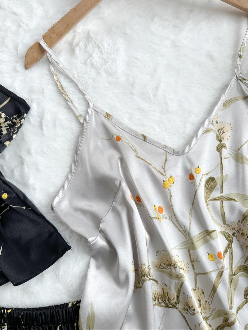 Women's Floral Print Cami Top & Ruffle Trim Shorts Satin Pyjama Set, Summer Outfits 2024, Casual Comfort Camisole & Elastic Waist Shorts PJ Set, Summer Clothes, Sleepwear Set for Women