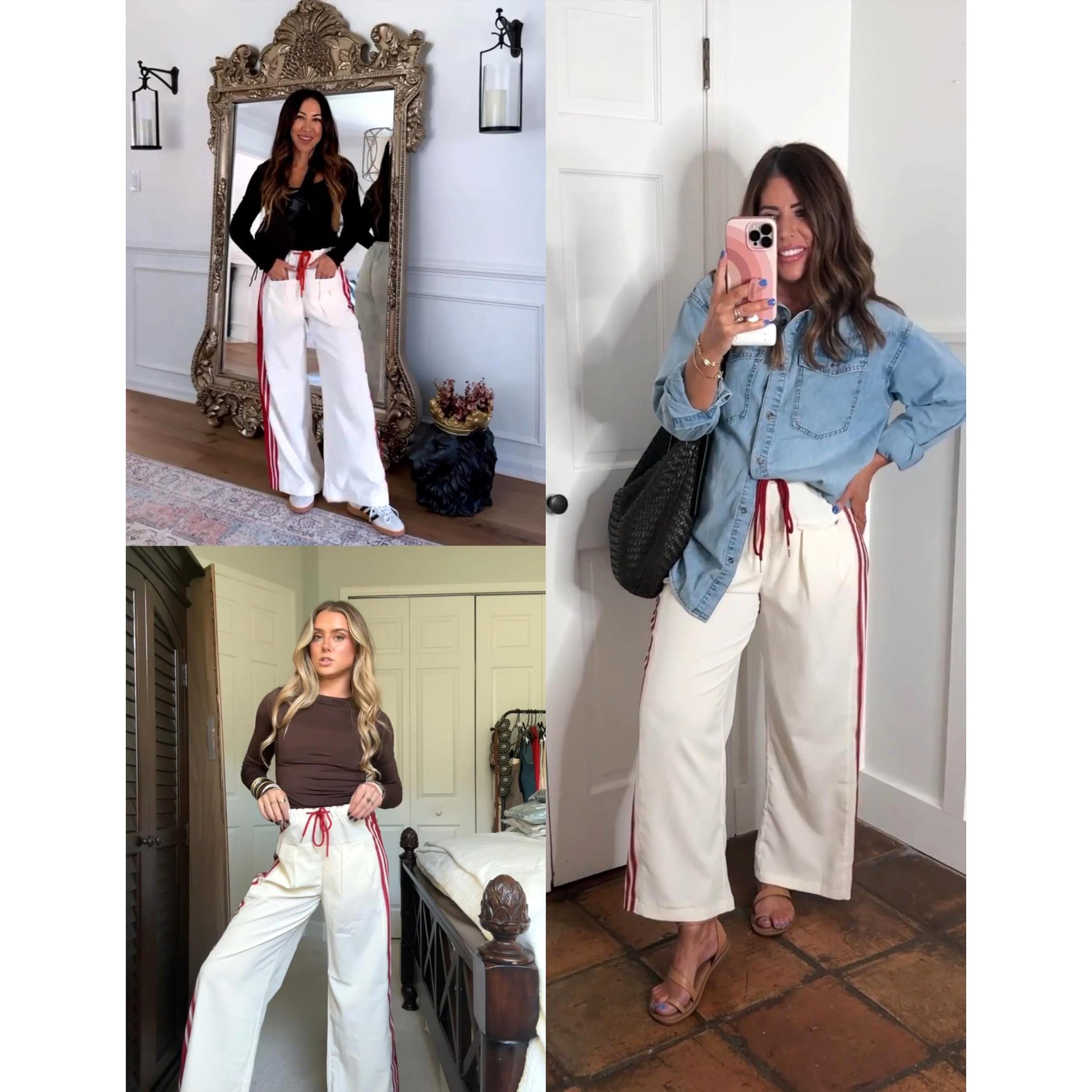 Buenoble Women's Wide Leg Side Stripe Pants Loose Fit High Waist Drawstring Track Pants Casual Streetwear Joggers