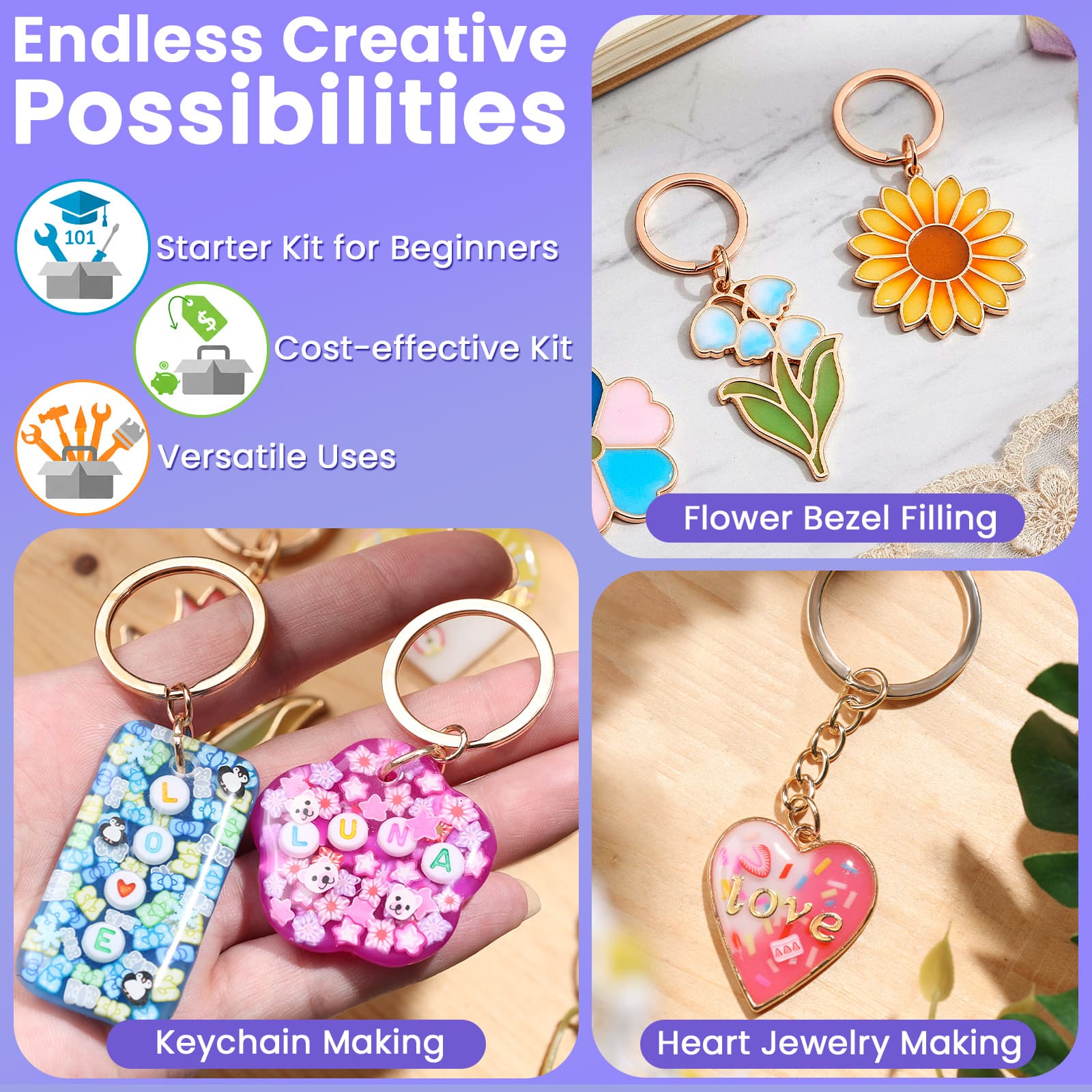 All-Inclusive Keychain Making Kit, 12-Color UV Resin with Keychain Molds Silicone, Christmas Gifts,UV Light, 6 Styles Flower and Heart Open Bezels for Resin, Jewelry Making Kit for Beginners, Craft Decor - LET'S RESIN All-Inclusive Keychain Making Kit, 12-Color UV Resin with Keychain Molds Silicone, Christmas Gifts,UV Light, 6 Styles Flower and Heart Open Bezels for Resin, Jewelry Making Kit for Beginners, Craft Decor - LET'S RESIN
