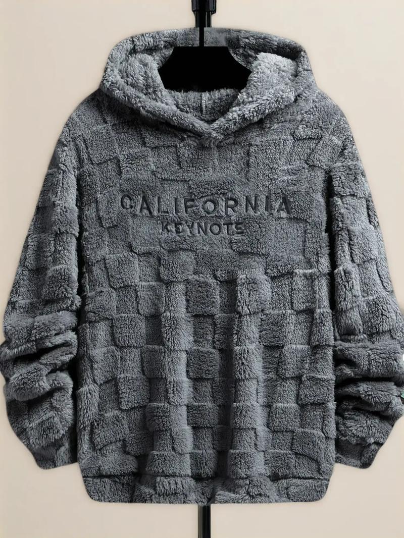 Men's Letter Embroidery Drop Shoulder Fuzzy Hoodie, Regular Fit Casual Fashion Fabric Long Sleeve Hooded Sweatshirt for Spring & Fall, Mens Clothing, Fashion Men's Longsleeves Clothes for Daily Wear, Streetwear, Trendy Clothes