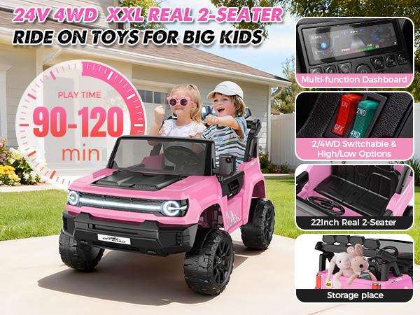 Hikole XL 24V 2-Seater Ride On Truck for Big Kids – 4WD Electric Car w/ Remote, Lights, Music & Storage,Christmas Gifts for Kids 2025