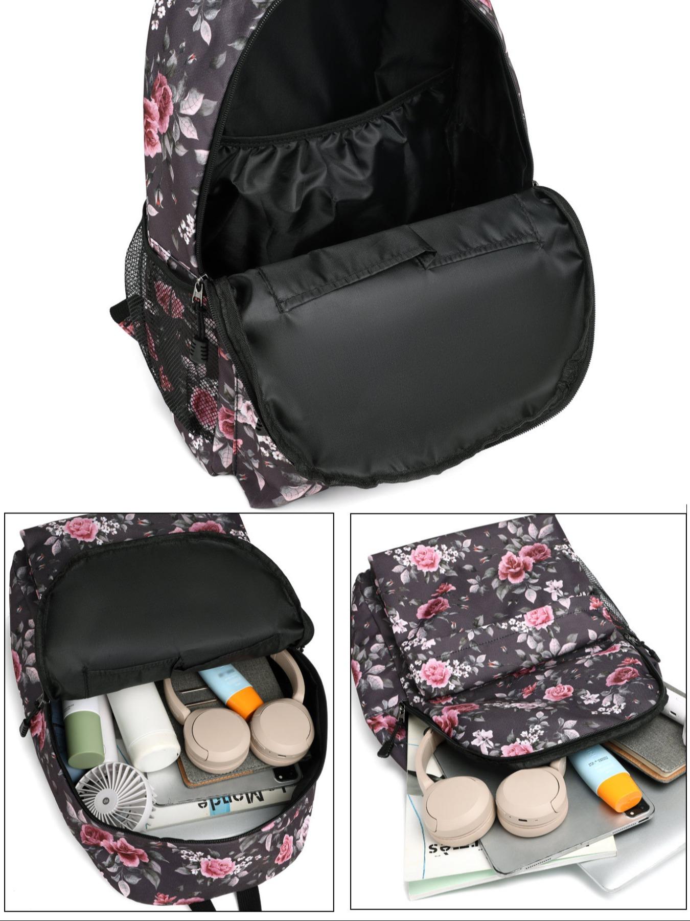 Large Capacity Waterproof School Backpack, Rose Pattern Laptop Bag, Multifunctional Travel Bag for Men & Women, Lightweight College Backpack