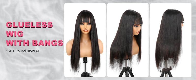 [New Upgrade With Drawstring] CheetahBeauty Glueless Wigs Straight 2×4 Lace Closure Wig Human Hair with Bangs Upgraded Drawstring Loose Body 180% Density Brazilian Virgin Human Hair for Women Natural Black