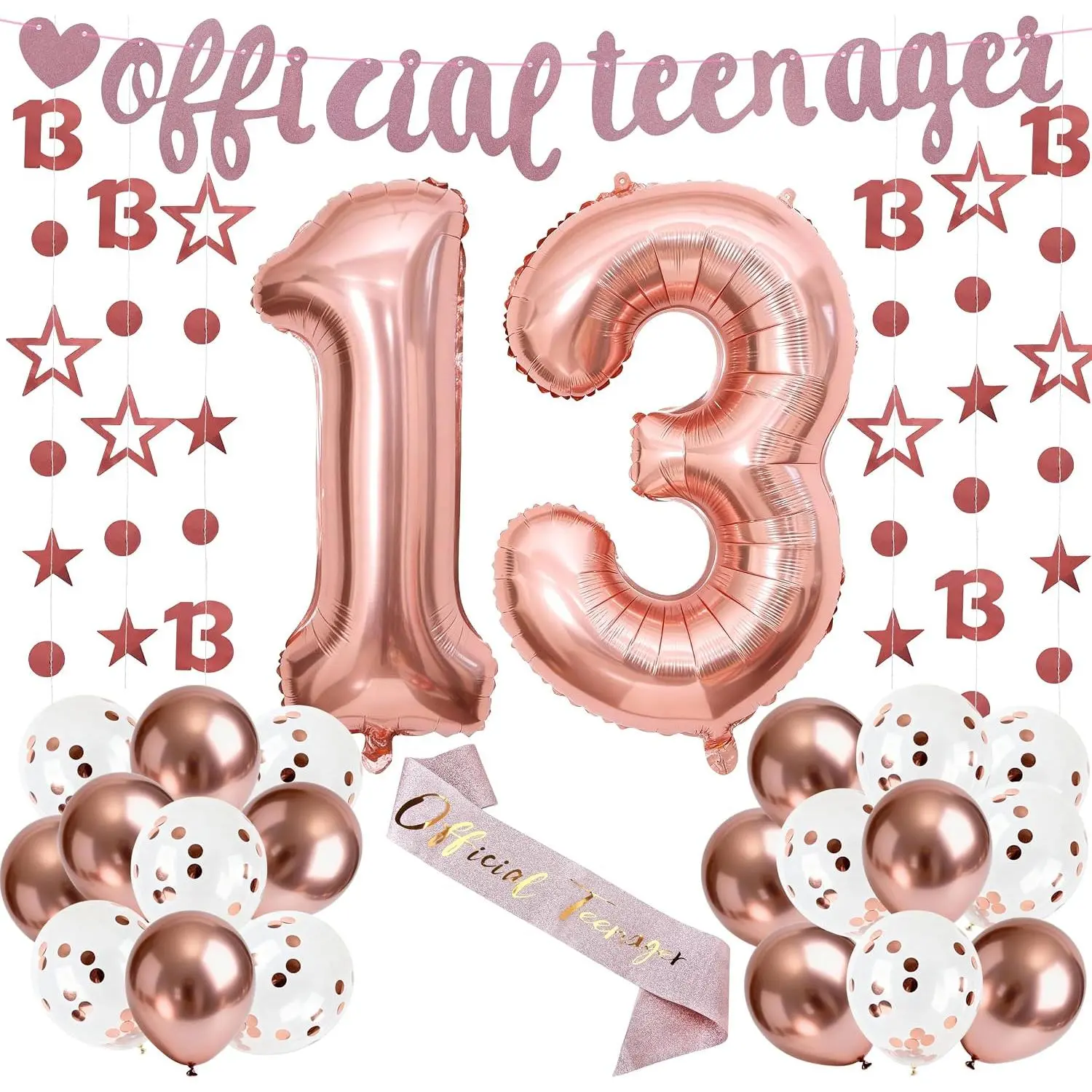 13th Birthday Decorations for Girls, Glitter Rose  Hollow   Ornament with the Number 13, sequin decorated balloon Rose  princess belt for 13th girl's birthday party (Simple)