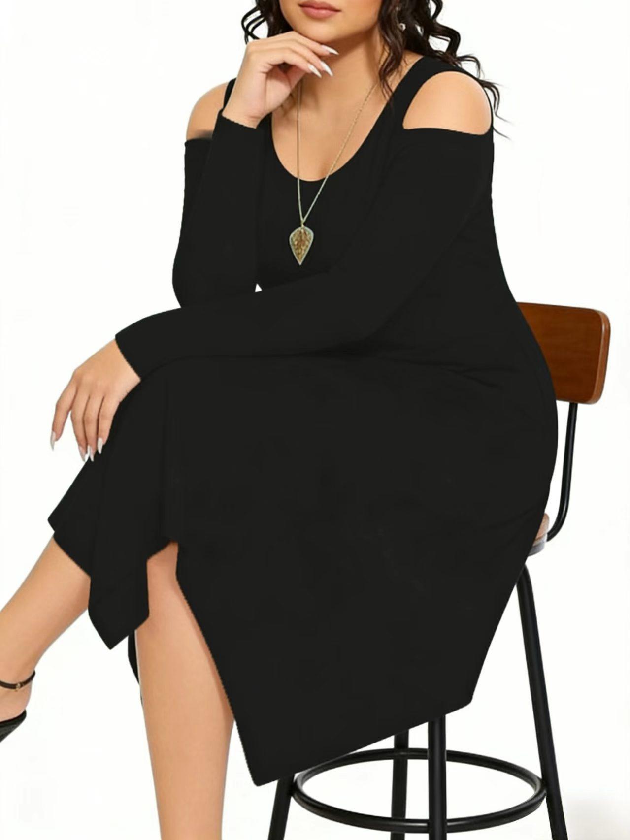 Fashion Plain Shoulder-Exposed Long Sleeve Dress, Elegant Casual Wear, Perfect for Spring & Fall, Women's Stylish Clothing