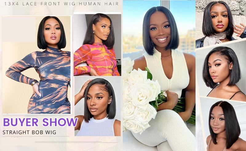 Hermsile Straight Bob Wigs Human Hair Wigs For Black Women 13x4 Straight Lace Front Wigs Human Hair Lace Front Wigs Pre Plucked HD Lace Frontal Wigs 180% Density Short Bob Wigs Natural Color 10 inch