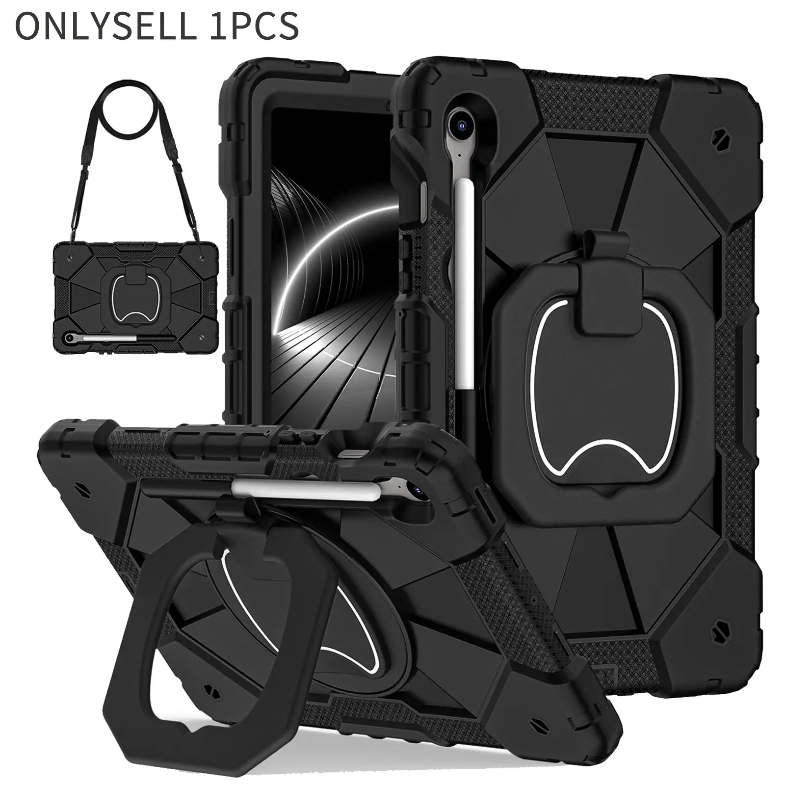 Heavy Duty Shockproof Case Tablet Protective Cover for Samsung Galaxy Tab S10 Lite 2025,Compatible with Tab A11+/S10FE/S9FE/A9 Plus/A7 Lite- with Screen Protector Rotating Stand Pencil Holder Shoulder Strap Full-Body Drop Protection Cover Kids - Black