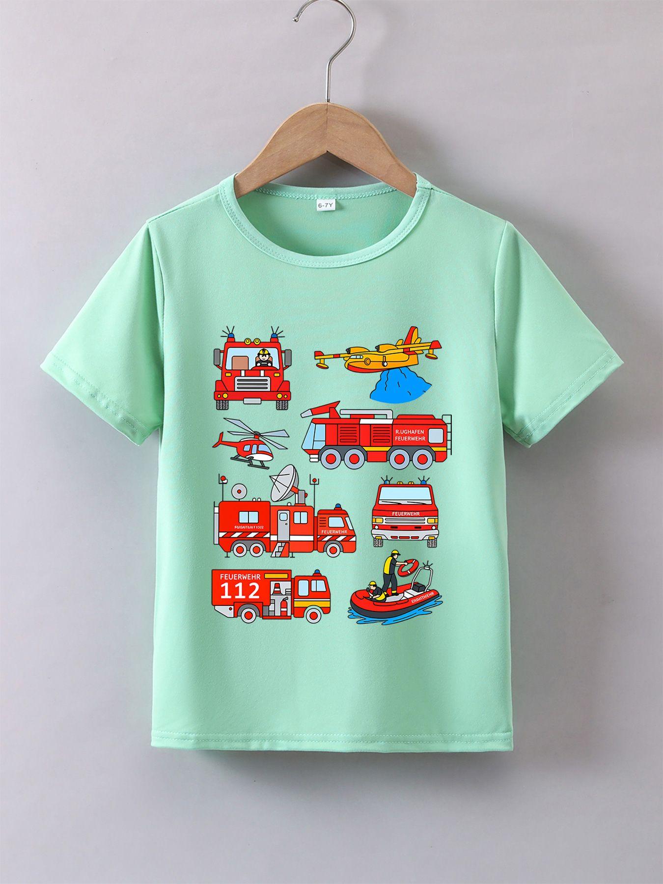 Boys' Summer Breathable & Comfortable "Fire Truck" Cartoon Print (3-12Y) Casual Sports T-Shirt