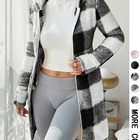 Women's  Plaid Fleece Hooded Fitted Coat, Fitted Casual Fashionable, Soft Fluffy Fleece Fabric & Full Zip Closure & Hooded Design & Mid-Length Silhouette & Multiple Color Options，Valentine，1pc, Autumn Winter Outerwear