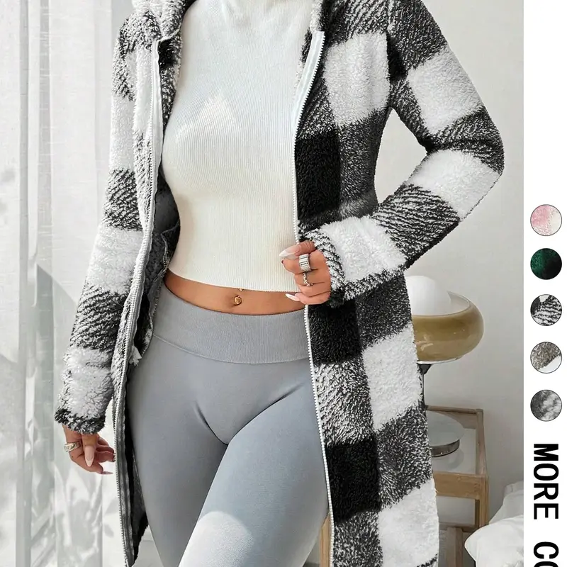 Women's  Plaid Fleece Hooded Fitted Coat, Fitted Casual Fashionable, Soft Fluffy Fleece Fabric & Full Zip Closure & Hooded Design & Mid-Length Silhouette & Multiple Color Options，Valentine，1pc, Autumn Winter Outerwear