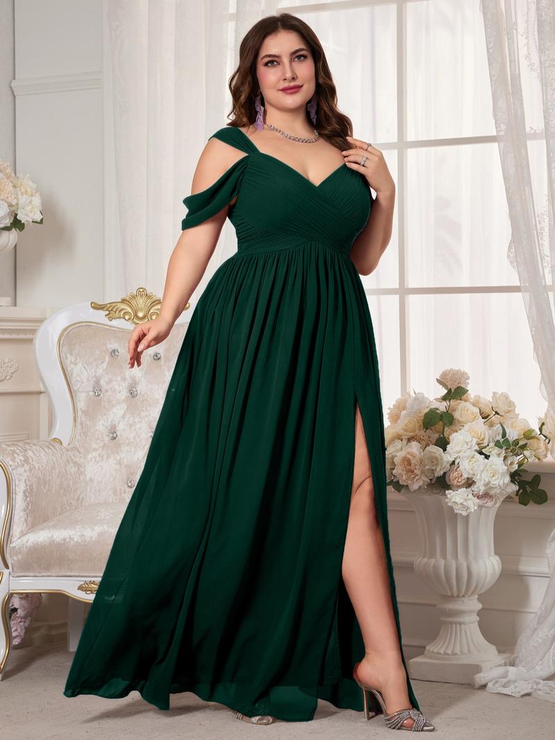 Elegant V Neck Backless Ruched Waist Chiffon Dress, High Slit Bridesmaid Gown, Pure Color Flowy A-Line, Perfect for Weddings