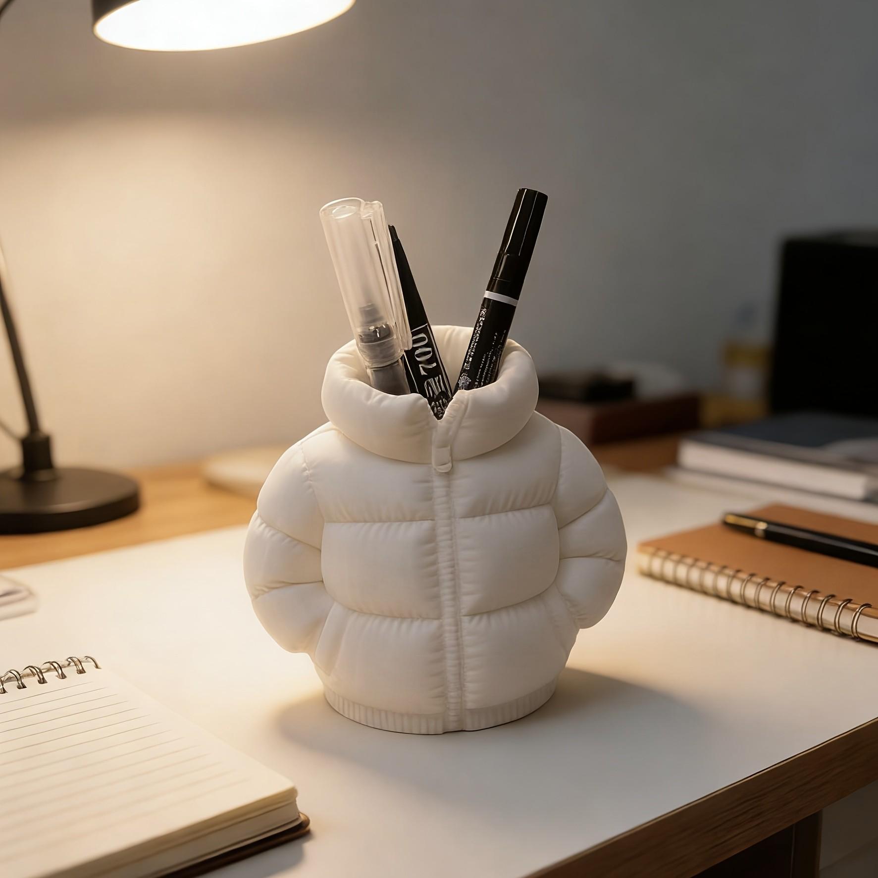 Cute Down Jacket Shape Pen Holder, Creative 3D Printed Novelty Cup Mat, Classroom Student Desk Accessories, Home Office Desk Decor, Desktop Organizer