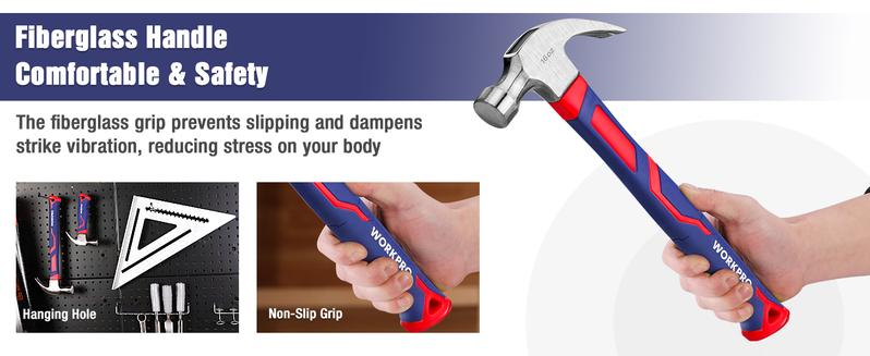 #JumpstartSale WORKPRO 2-Count Claw Hammer Set, 8 oz Mini Stubby Claw Hammer&16 oz Fiberglass General Purpose Claw Hammer, Soft Nonslip Handle & Heat Treated Head