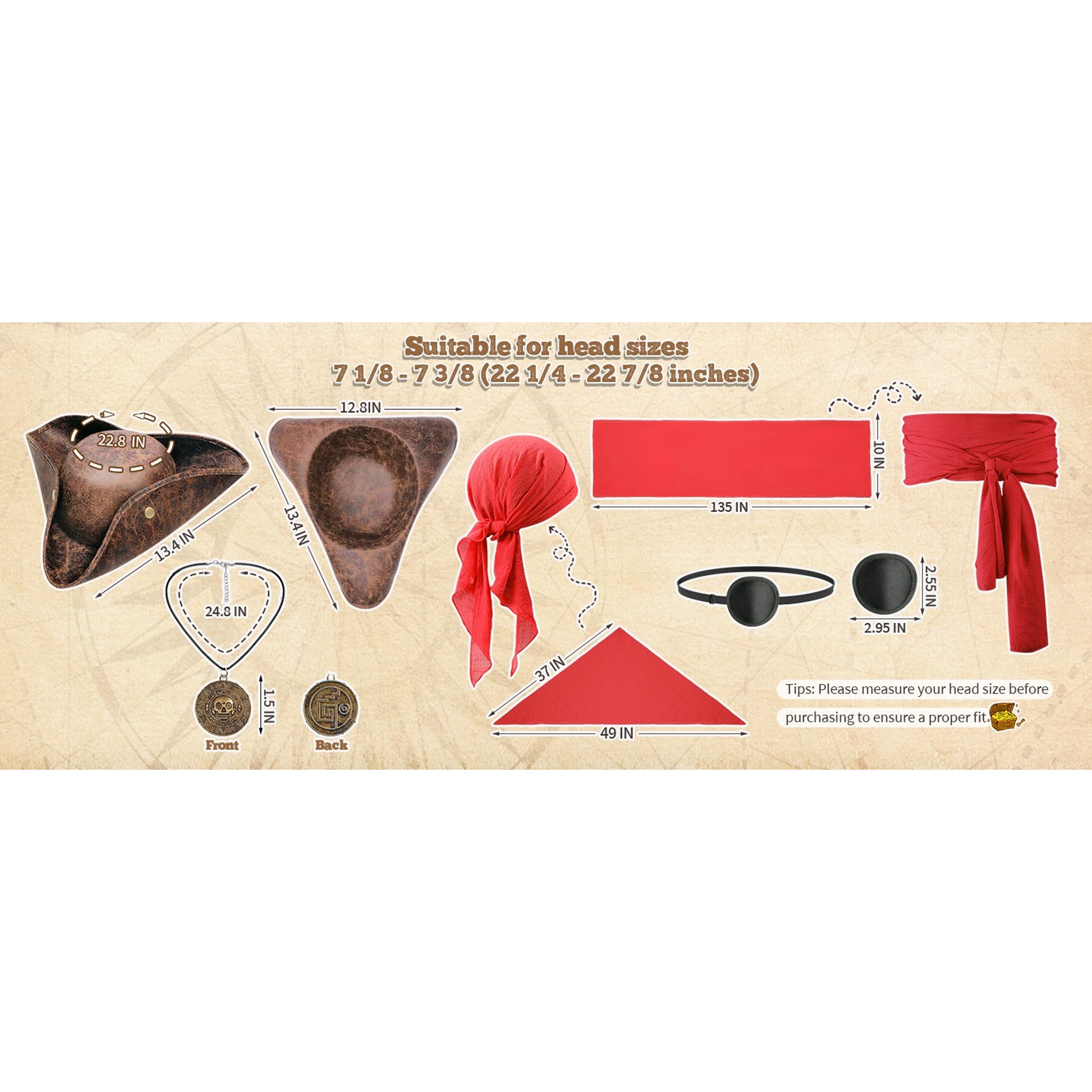 5PCS Pirate Costume Accessories Set for Men, Halloween Pirate Hat, Faux Leather Tricorn Hat, Bandana, Red Sash, Eye Patch & Necklace, Medieval Renaissance Cosplay Accessories(Gift)