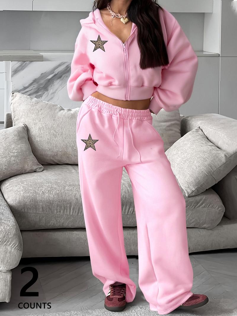 Women's Pink Autumn and Winter Short Sweatshirt and Loose Straight Pants Set, Casual and Fashionable Hooded Long-sleeved Sweatshirt and Sweatpants, Suitable for Daily Outdoor Wear, Comfortable Daily Wear