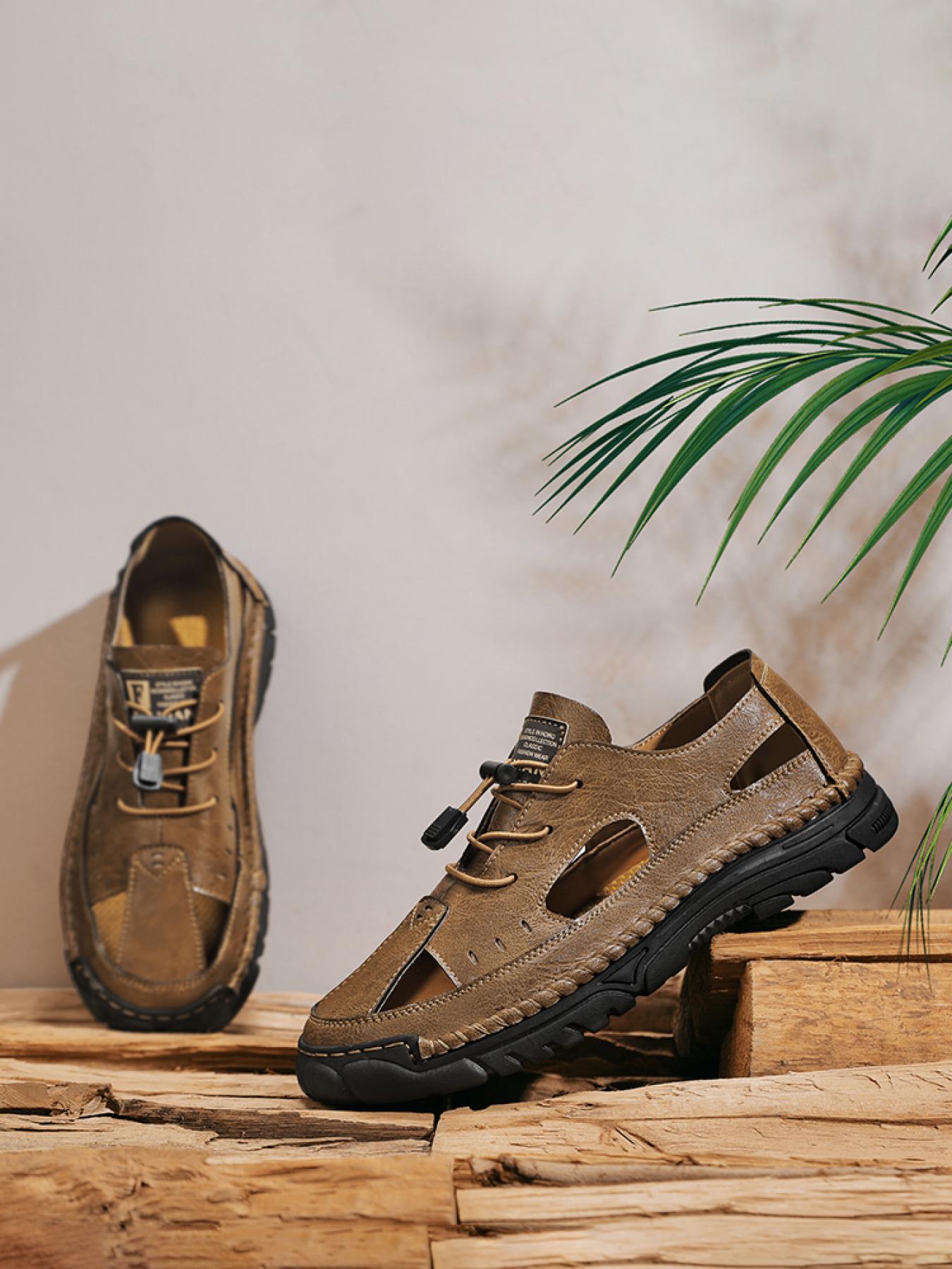 Men's Solid Color Hand-Stitched Closed-Toe Sandals Drawstring Soft Sole Water Shoes Breathable Slip-On Outdoor Beach Shoes