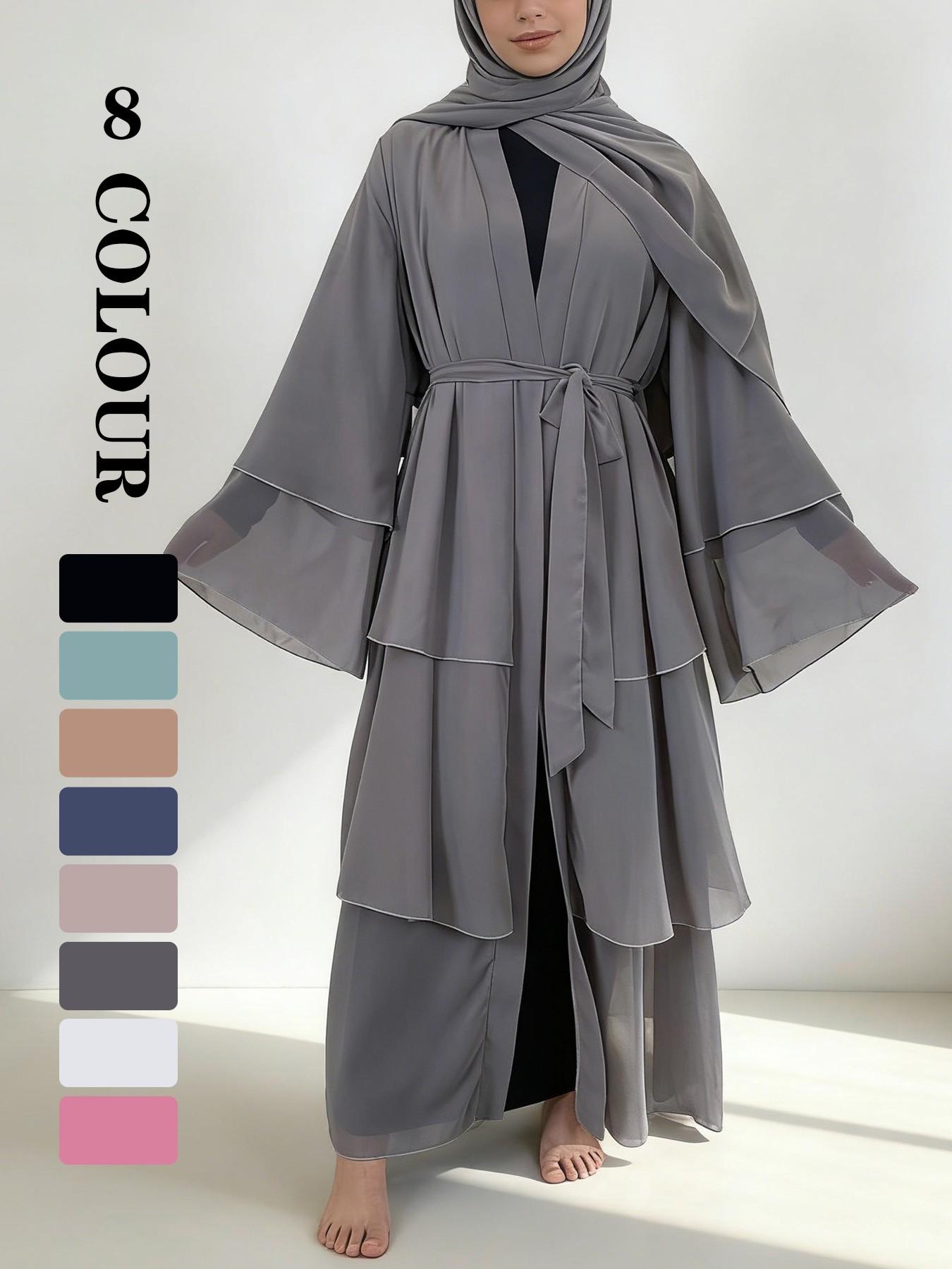 Spring Summer High-Quality Chiffon 3-Layer Eid Abaya with Belt, Casual Party Dress, Comfortable Breathable Fabric, Perfect for Weddings