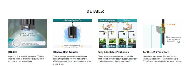 hygger 100W/60W Aquarium Light Full Spectrum RGB COB LED Clip On Fish Tank Grow Light with Mounting Bracket Compatible with Timer Smart Plug for Low-to High Light Demanding Aquatic Plants