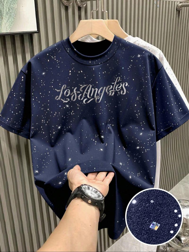 New Men's Short Sleeve T-Shirt, Fashion Starry Sky Reflective Craft, Letter Print Design, Sparkling Like Stars, Must-Have Casual