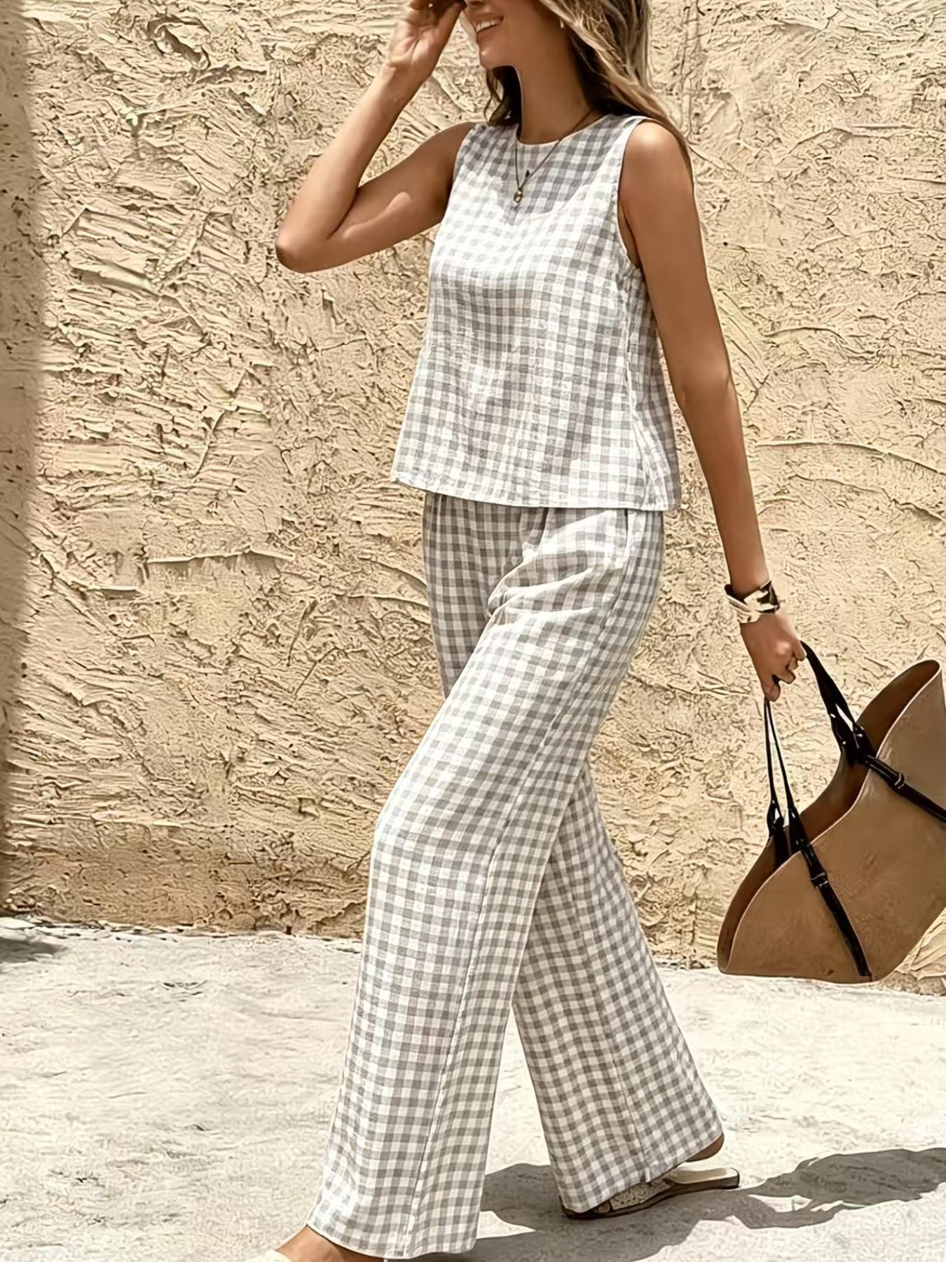 Women's 2-Piece Vintage Plaid Set, Casual Tank Top and Wide-Leg Pants, Summer Comfortable Matching Outfit