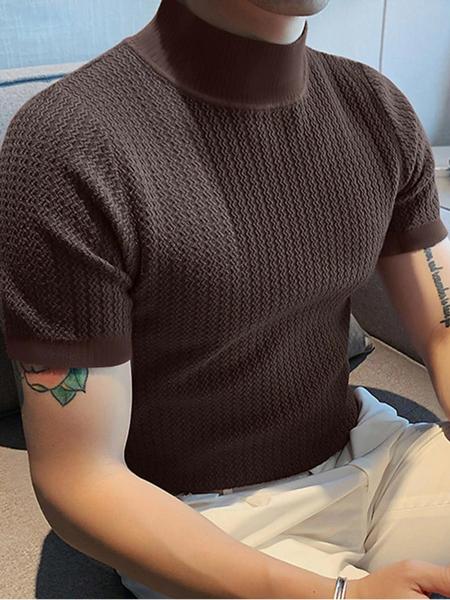 Men's Solid High Neck Knit Water Ripple Short Sleeve T-Shirt, Stylish Casual Sport Underwear, Outdoor Travel and Daily Leisure Essential Unisex Neutral