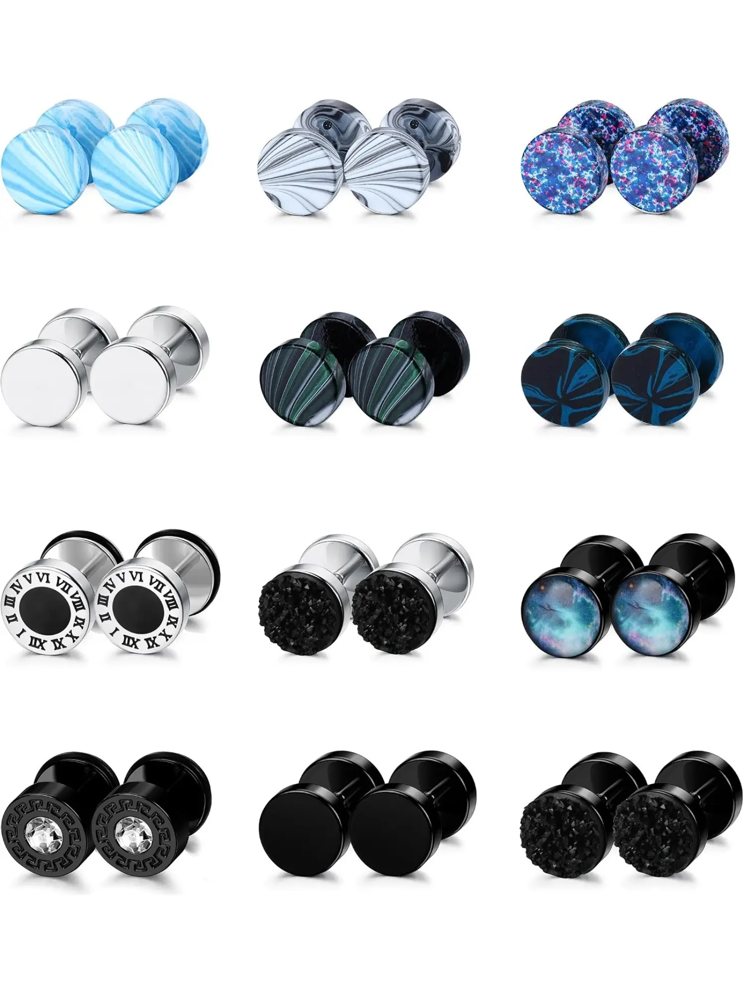 12 Pairs 18 G Fake Gauge Earrings for Men Women Stainless Steel Stud Earrings Faux Gauges Earrings Fake Ear Plugs Gauges Tunnel Jewelry