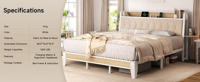 【Valentine's Day gift】ONBRILL Bed Frame with Side Storage Shelf, Ergonomic Upholstered Headboard with Charging Station, King Platform Bed Frame, Metal Slats Support, No Box Spring Needed, Easy Assembly
