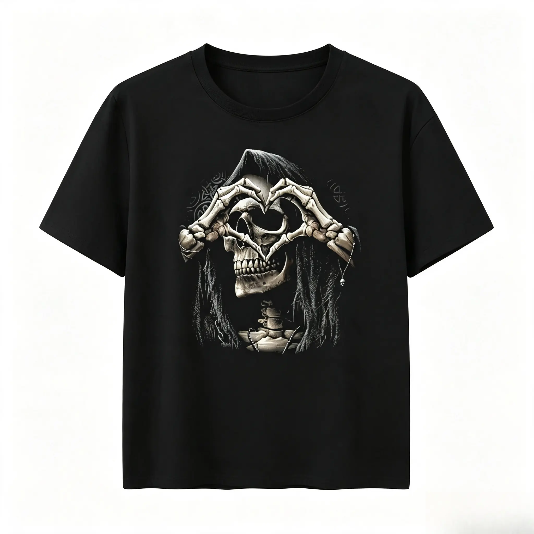 Reaper Skeleton Heart‑Hand Graphic Oversized Cotton T‑shirt, Fashion Comfort Gothic Casual Outfit, Novelty Valentine Holiday Birthday Gift for Him Her Friends