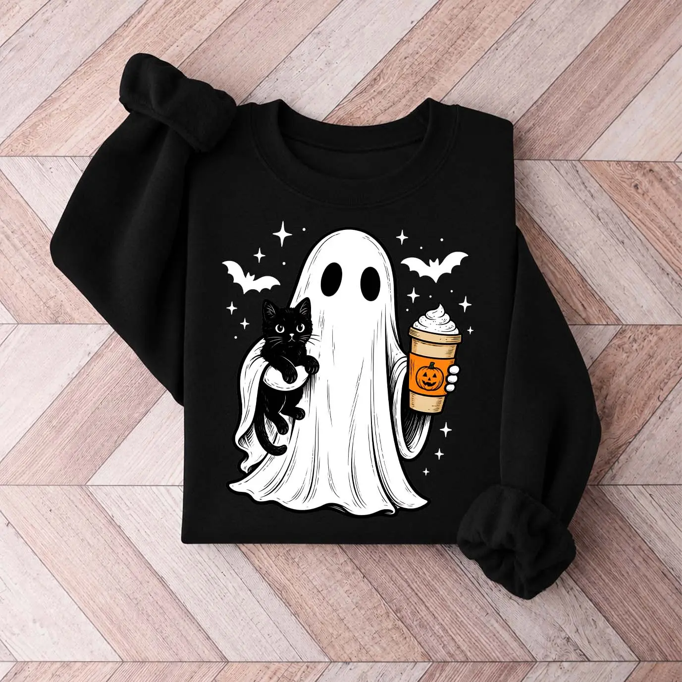 Women’s Halloween Ghost & Black Cat Graphic Sweatshirt, Cute Pumpkin Drink and Bat Print Crewneck Pullover, Cozy Long Sleeve Fall Top, Casual Autumn Shirt for Cat Lovers, Halloween Parties, Coffee Runs & Weekend Wear